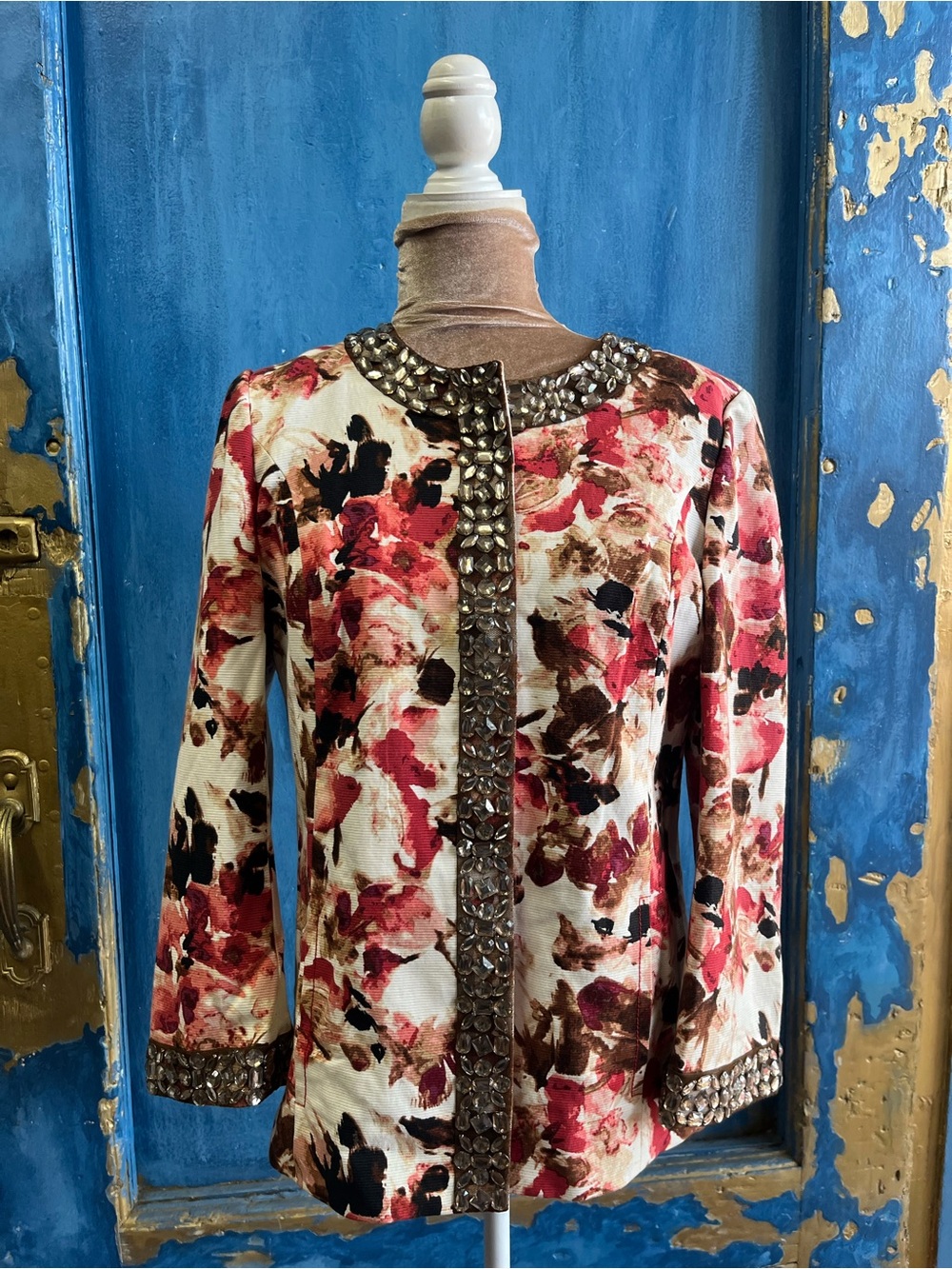 St. John Floral Embellished Jacket in Cream, Pink & Brown